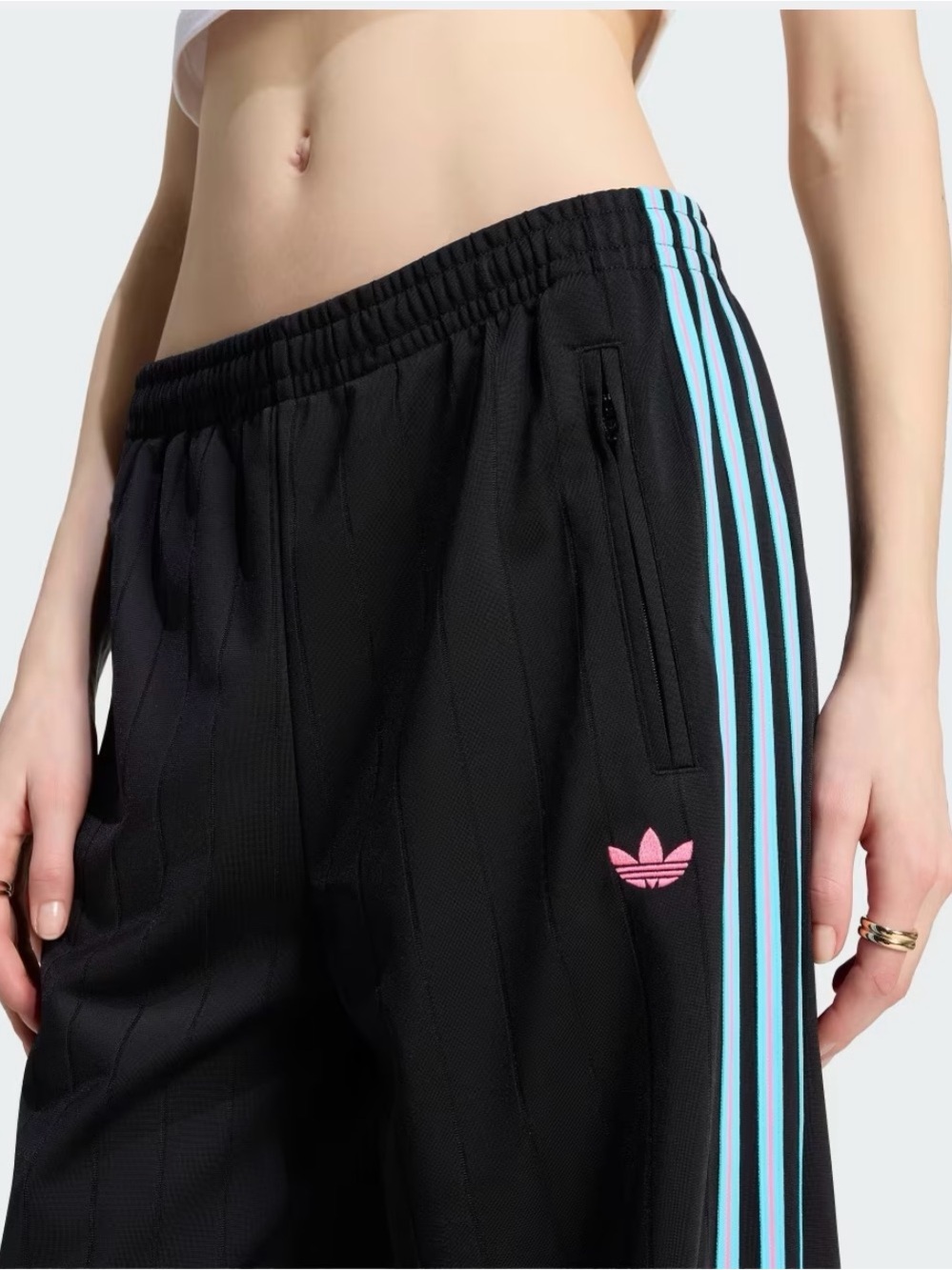 NWT adidas PINSTRIPE FIREBIRD TRACK PANTS in Black / Lucid Pink / Samba Blue
